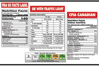 provide fda cfia and UK nutrition facts label