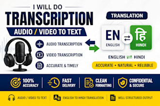 do english to hindi translation and audio or video transcription