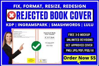 format fix resize or redesign rejected book cover for ebook kdp lulu