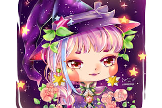 draw digital kpop idol live2d vtuber character mascot, emote, badge illustration