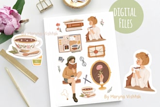 draw cute illustrations for stickers shop, planner, brand