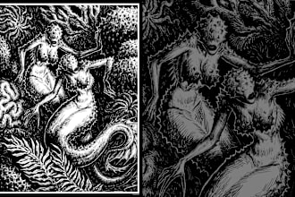 make a detailed, engraving like, dark illustration