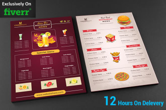 design restaurant menu, food menu, menu board, in 12 hours