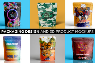 create weed pouch, mylar bag, food packaging, 3d product mockup