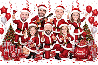 create a group christmas caricature for the holiday party