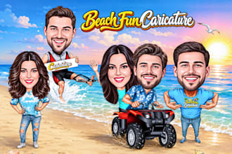 draw a family cartoon caricature and a fun beach caricature