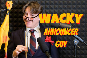 record a wacky over the top announcer voice over, funny, silly voice over artist