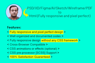 convert PSD to responsive html, xd to html, figma to html