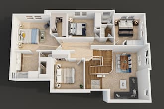 create 3d floor plan with colorful furniture, full texture