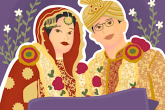 draw cute muslim couple and wedding portrait illustration