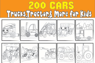 create 200 cars, trucks, tractor coloring pages for kids