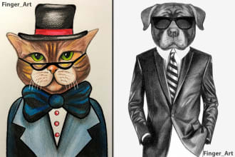 draw pencil sketch, portrait animal, cat dog, illustration