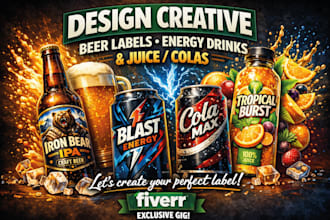 design creative beer label, energy drink, juice and colas