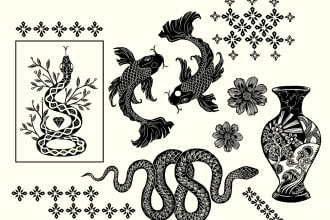 design custom flash tattoo in woodblock style