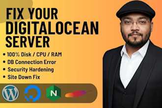fix the digitalocean server, wordpress site down, vps, cpu, and ram issues