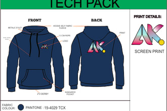 create technical flat sketch and tech pack