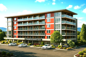 create a 3d model of houses and a photorealistic rendering