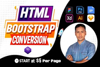 convert PSD to HTML, figma to HTML, xd to HTML responsive bootstrap 5