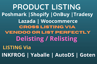 do poshmark, onbuy product listing, vendoo, and listperfectly crosslistings