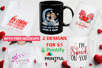 create valentines day mug, tshirt designs, printify printful