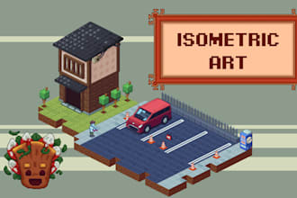create isometric pixel art character, assets and background