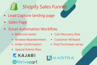 setup kajabi, kartra, thrivecart sales funnel, shopify sales funnel with flows