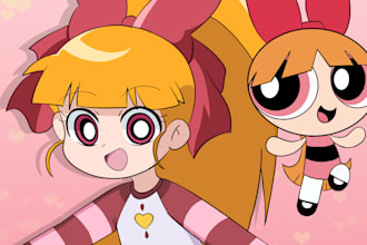 draw a 2d cute anime artwork powerpuffgirls z style