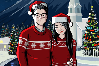 draw couple cartoon character and a pet