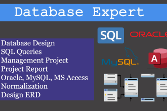 write oracle mysql database sql queries, normalization, design erd of project