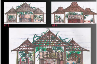 2d 3d outdoor pergola ,pool ,yard ,bar design in hand drawn sketch