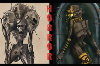 draw concept art or illustration, fantasy, horror, scifi