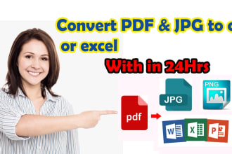 convert PDF and jpg to excel csv etc very fast within 24hrs