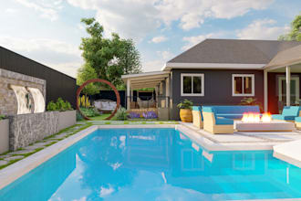 3d landscape design, backyard design, patio, garden and outdoor 3d rendering