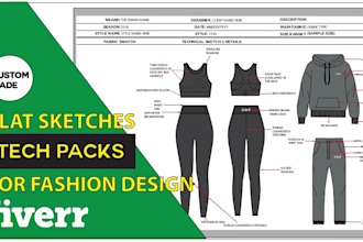 create fashion apparel clothing tech pack , mockups manufacturer ready