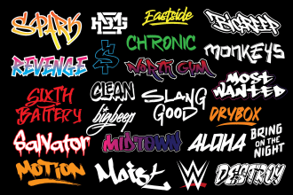 design dj, musician, and graffiti, brush font logo