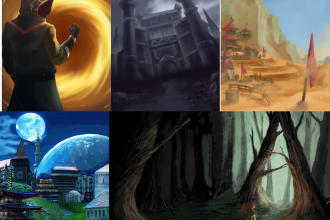 illustrate unique 2d game concept art and environment