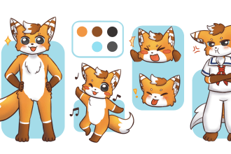 draw cute furry human character reference sheet with chibi