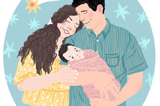 draw cute christmas cartoon portrait of family couple procreate