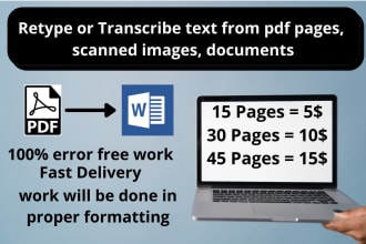 retype or transcribe text from pdf pages, scanned images, documents