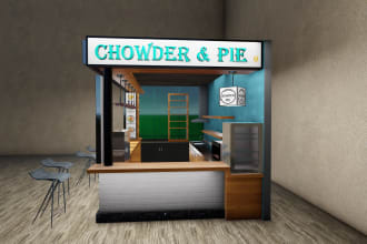 design or redesign a coffee shop, kiosk, mini shop, stall, or booth with 3d