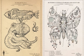 fantasy line art with creatures and vintage things