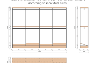 drawing of a wardrobe, kitchen, cabinets, bed etc