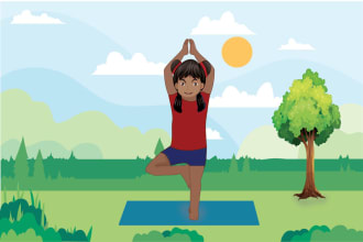 draw kid logo, children flashcards, and yoga, workout, exercises illustration