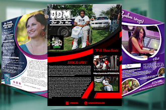 design professional artist, speaker, influencer one sheet, press kit, flyer