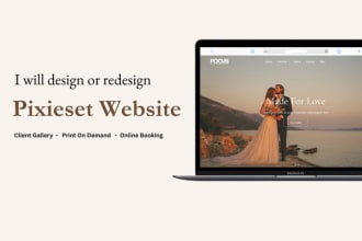 design pixieset website, client gallery, print on demand store, online booking