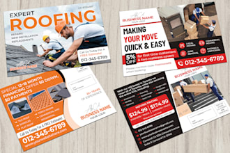 design postcard, flyer for roofing, moving, pressure washing, lawn care, damage