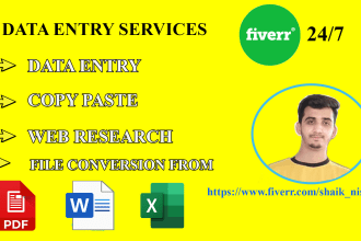 big data entry, copy paste, web research, web scraping and excel