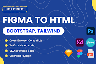 convert PSD to HTML, figma to HTML, xd, pdf, canva to html bootstrap, tailwind