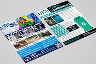 design flyer, postcard, door hanger, cleaning, washing, trash bin, solar panel