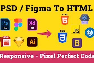 convert figma psd to html css bootstrap reactjs wordpress with responsive design